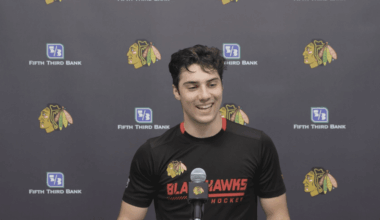 Blackhawks' Frank Nazar takes questions from media.