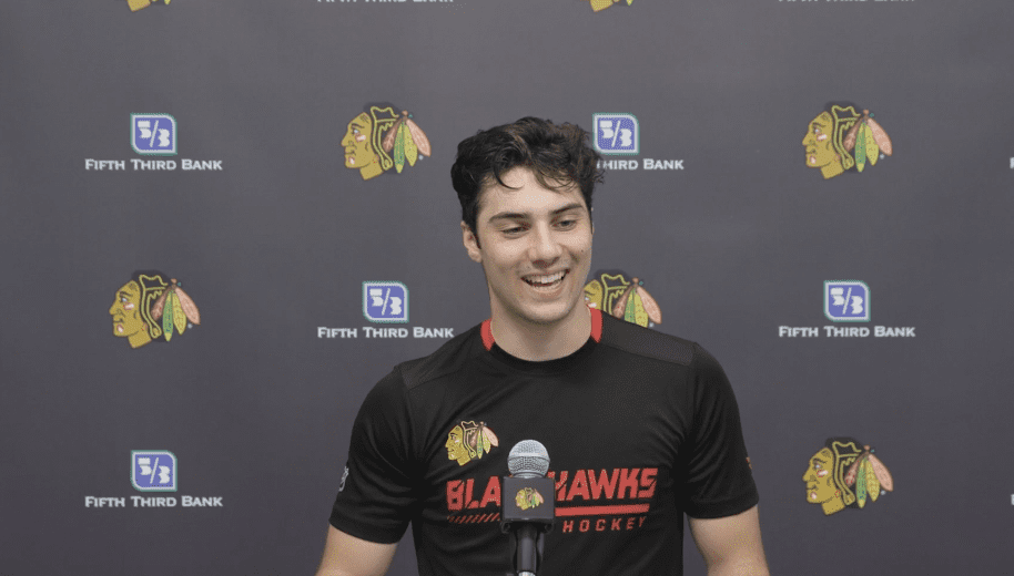 Blackhawks' Frank Nazar takes questions from media.