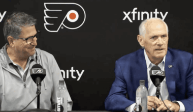 Flyers President of Hockey Operations Keith Jones and Comcast Spectacor CEO and Govoner of the Flyers Dan Hilferty address the media in Voorhees, NJ.