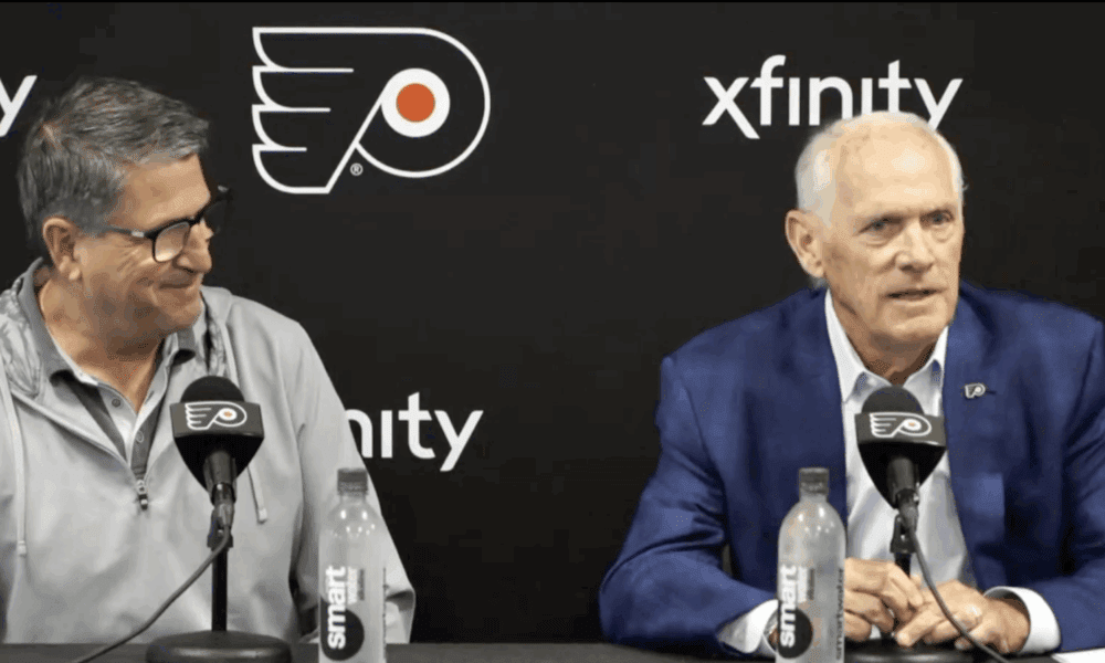 Flyers President of Hockey Operations Keith Jones and Comcast Spectacor CEO and Govoner of the Flyers Dan Hilferty address the media in Voorhees, NJ.