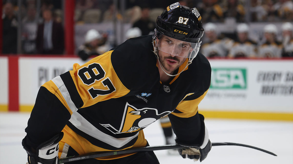 Pittsburgh Penguins center Sidney Crosby (87) looks on before a face-off against the Boston Bruins during the third period at PPG Paints Arena.