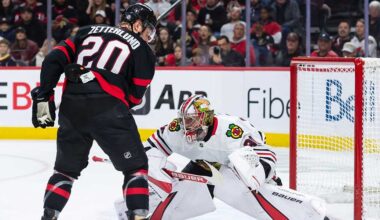 Chicago Blackhawks goalie Spencer Knight (30) resets following a goal scored by the Ottawa Senators in the first period at the Canadian Tire Centre.