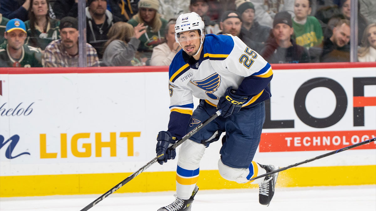St. Louis Blues center Jordan Kyrou (25) gets a breakaway and will score on a wrap-around behind the Minnesota Wild net in the third period at Xcel Energy Center.