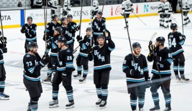 The Utah Hockey Club celebrates their win over the Los Angeles Kings in overtime in a preseason NHL hockey game, Monday, Sept. 23, 2024, in Salt Lake City.
