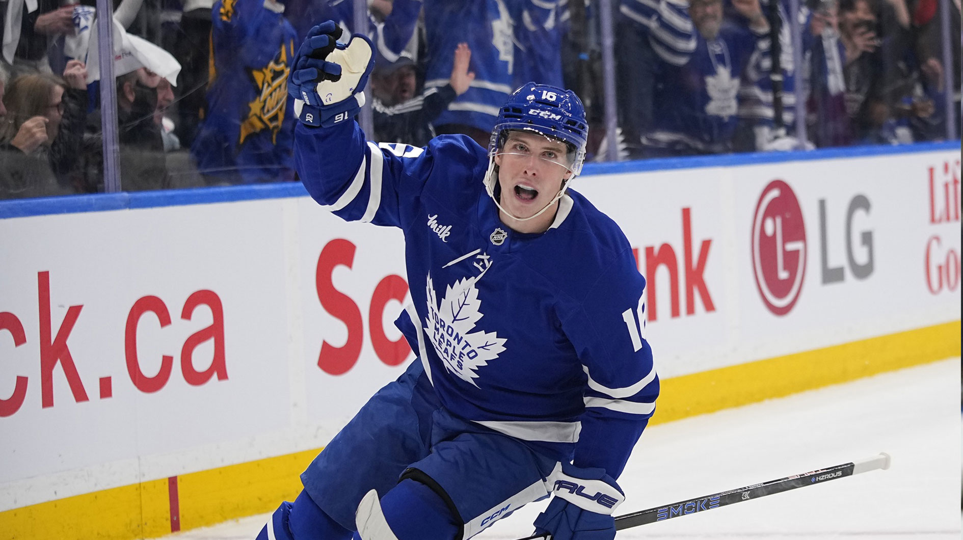 Toronto Maple Leafs forward Mitch Marner (16) reacts after scoring against the Ottawa Senators during the first period of game one of the first round of the 2025 Stanley Cup Playoffs at Scotiabank Arena.