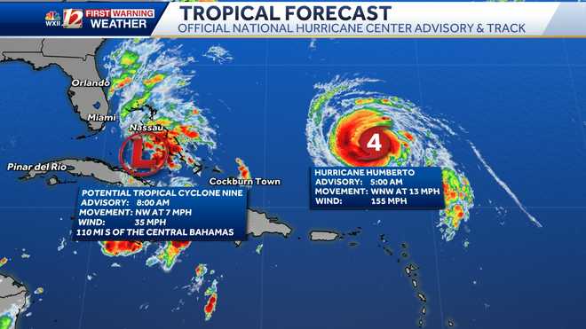 tropical advisory: tropical depression nine and hurricane humberto in the atlantic ocean