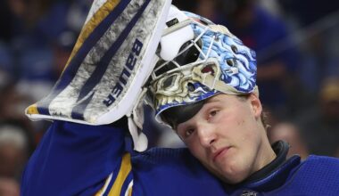 Buffalo Sabres goaltender Ukko-Pekka Luukkonen puts his mask on during the second period of the team's NHL hockey game against the New York Islanders on Thursday, March 14, 2024, in Buffalo, N.Y. (AP Photo/Jeffrey T. Barnes)