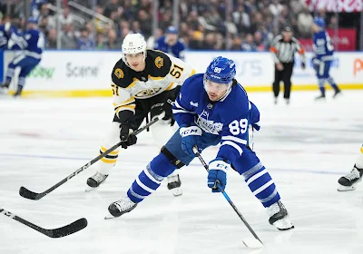 Toronto Maple Leafs forward Nick Robertson skates with the puck during 2024 game. Toronto Maple Leafs forward Nick Robertson skates with the puck during 2024 game.