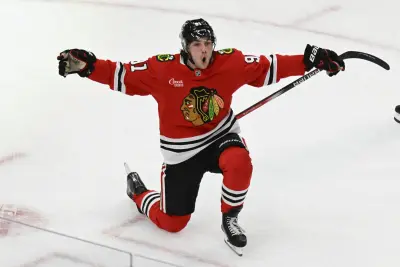 Apr 12, 2025; Chicago, Illinois, USA; Chicago Blackhawks center Frank Nazar (91) celebrates after scoring a goal against the Winnipeg Jets during the third period at United Center. Mandatory Credit: Matt Marton-Imagn Images