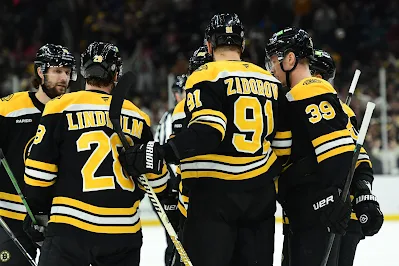 Boston Bruins teammates celebrate goal during 2025 game.