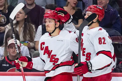 Jack Roslovic, UFA forward Jack Roslovic, UFA forward, congratulated after a goal with the Carolina Hurricanes