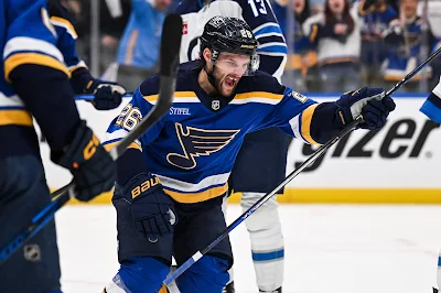 Nathan Walker, St. Louis Blues forward, celebrates a goal