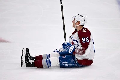Colorado Avalanche Martin Necas reacts on the ice after 2025 game. Colorado Avalanche Martin Necas reacts on the ice after 2025 game.