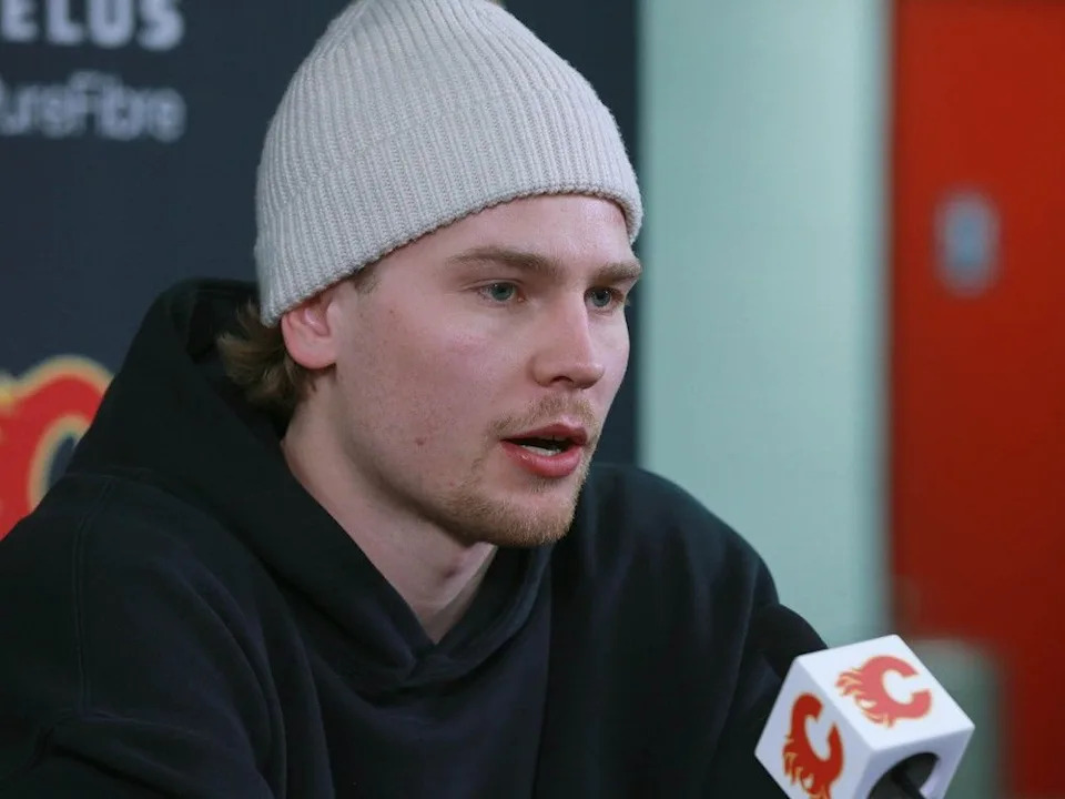  Calgary Flames Connor Zary speaks to media at the Saddledome as the players prepare for the off season in Calgary in April.