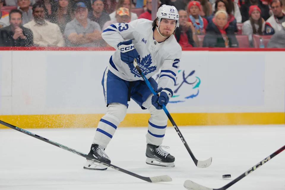 Toronto Maple Leafs left wing Matthew Knies (23) moves the puck against the Florida Panthers during the first period in game three of the second round of the 2025 Stanley Cup Playoffs at Amerant Bank Arena. Mandatory Credit: Sam Navarro-Imagn ImagesSam Navarro-Imagn Images