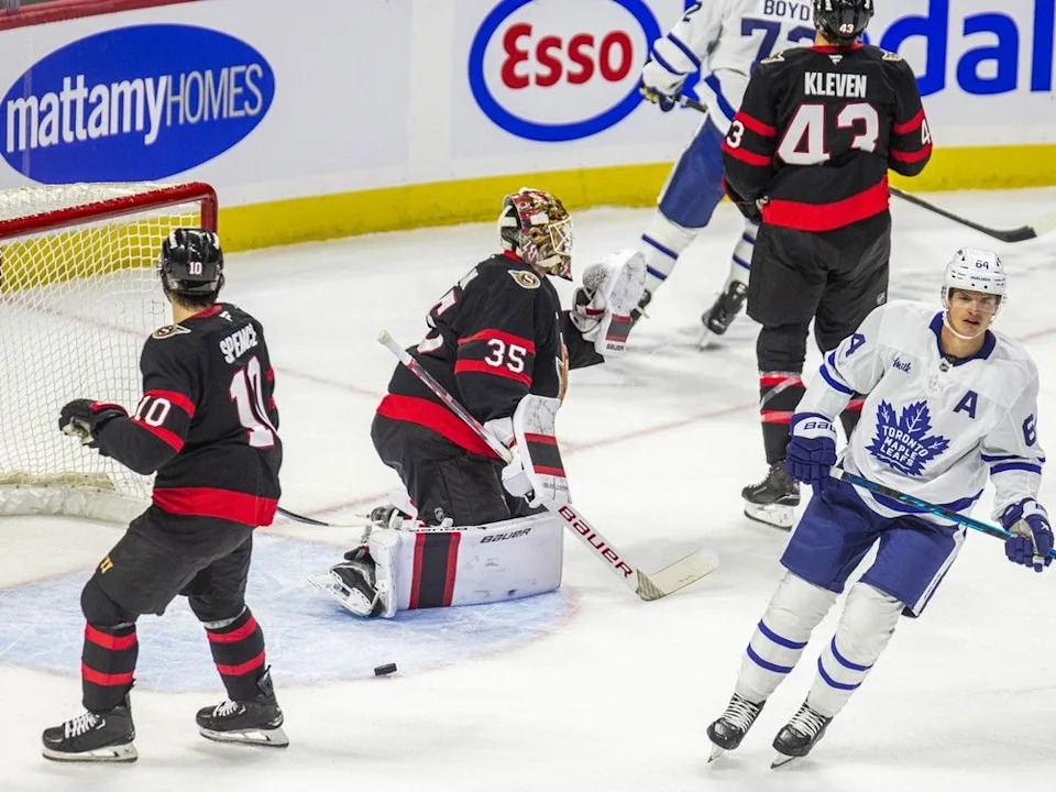  Ottawa Senators goalie Linus Ullmark reacts to the third first-period goal for the Toronto Maple Leafs on Sunday. William Villeneuve scored the goal against Ullmark, who gave up the three goals on eight shots.