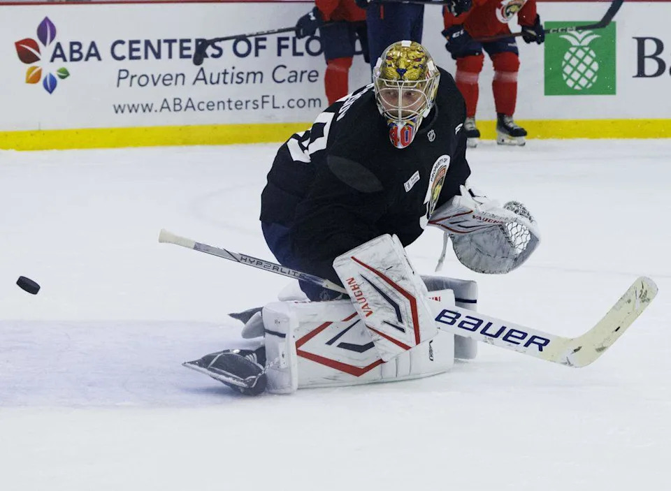 Goaltender Daniil Tarasov (40) watches the puck miss the net during the first practice of Florida Panthers training camp on Thursday, Sept. 18, 2025, at Baptist Health IcePlex in Fort Lauderdale, Fla.