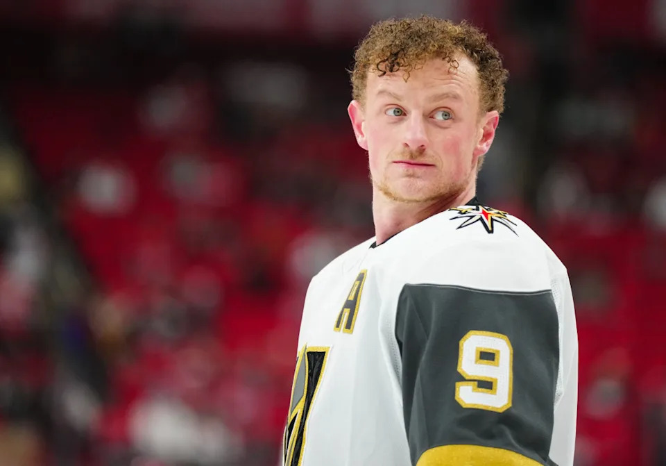 Vegas Golden Knights center Jack Eichel (9) looks on during warmups.James Guillory-Imagn Images