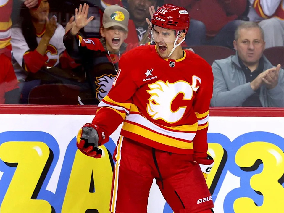 Calgary Flames Mikael Backlund scores on Los Angeles Kings goalie Darcy Kuemper in second-period NHL action at the Scotiabank Saddledome in Calgary on Monday, Nov. 11, 2024. Backlund has signed a two-year extension with the Flames.