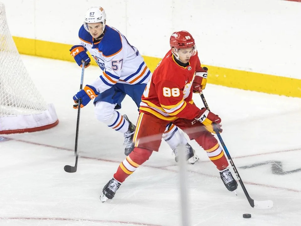  Calgary Flames prospect Simon Mack was photographed during the game against the Edmonton Oilers at the Scotiabank Saddledome on Sunday, September 14, 2025. Brent Calver/Postmedia