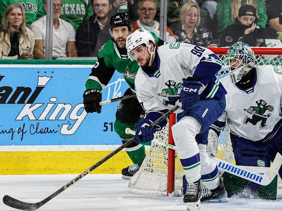 Victor Mancini of the Abbotsford Canucks moves the puck against the Charlotte Checkers on June 6 in Cedar Park, Tex.