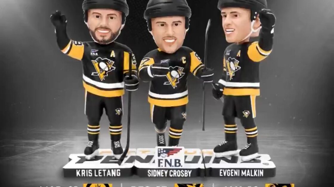 Kris Letang, Sidney Crosby, Evgeni Malkin bobbleheads