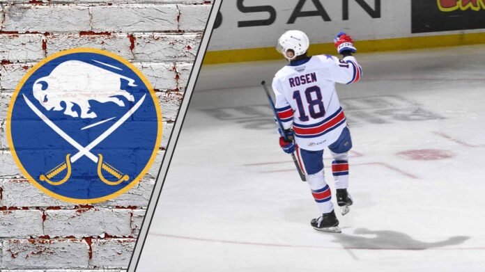 A detailed graphic showcasing the top 5 Buffalo Sabres prospects for the 2025-26 season, including Isak Rosen