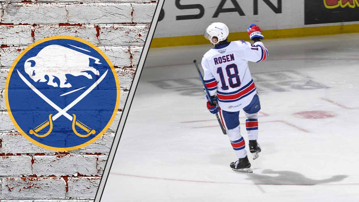 A detailed graphic showcasing the top 5 Buffalo Sabres prospects for the 2025-26 season, including Isak Rosen