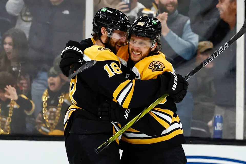 Boston Bruins center Pavel Zacha (18) gets a hug from right wing David Pastrnak (88) after scoring a goal.Winslow Townson-Imagn Images