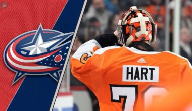 Goaltender Carter Hart in his Philadelphia Flyers jersey, looking focused during a game, as he's rumored to be signing with the Columbus Blue Jackets.