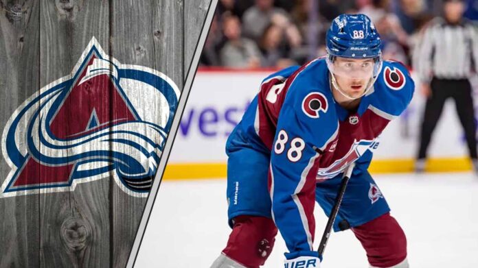 Colorado Avalanche forward Martin Necas skates with the puck during an NHL game, with the crowd blurred in the background.