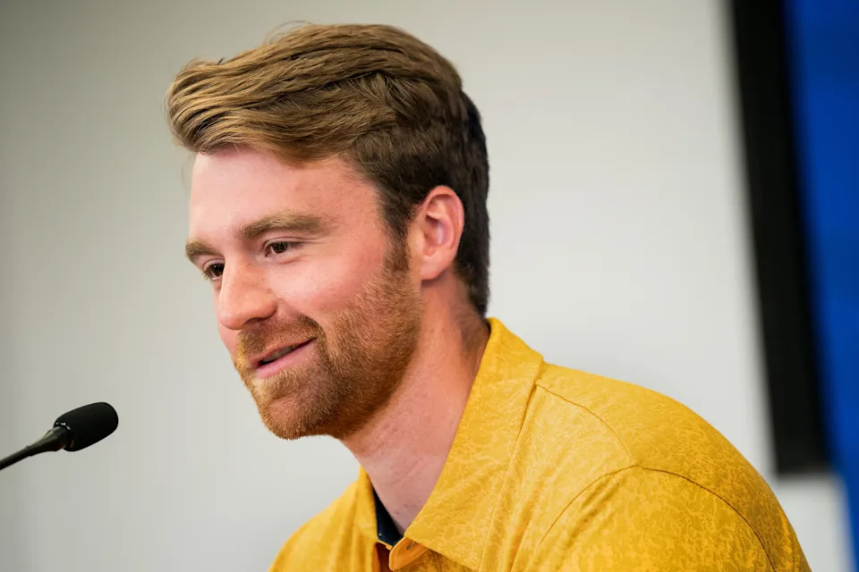 Nashville Predators defenseman Nick Perbix speaks during a press conference at Bridgestone Arena in Nashville, Tenn., Tuesday, July 8, 2025.