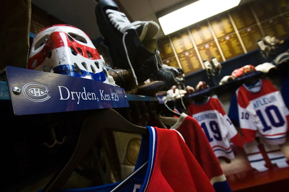 Ken Dryden's locker is seen in a recreated dressing room at the Montreal Canadiens Centennial Exhibit at the Hockey Hall of Fame.