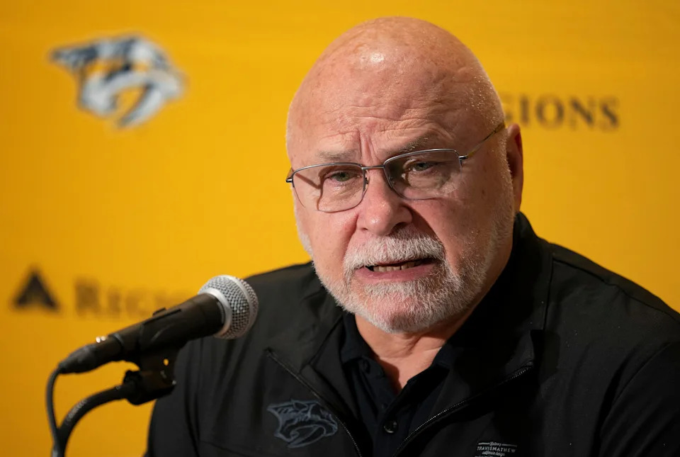 Nashville Predators General Manager Barry Trotz speaks with the media during the first day of training camp at Ford Ice Center Bellevue in Nashville, Tenn., Thursday, Sept. 18, 2025.