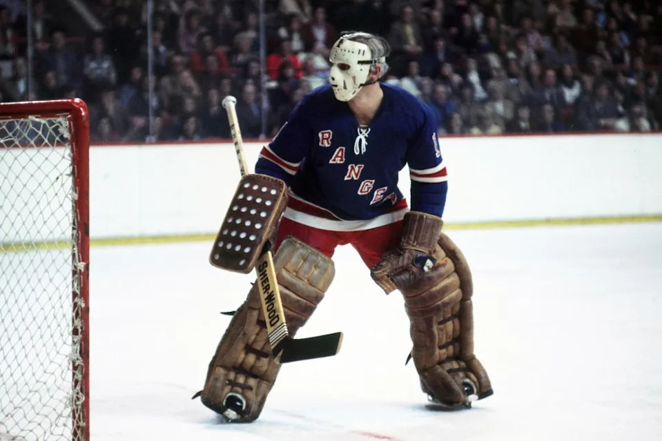 Eddie Giacomin in net for the Rangers in a game against the Bruins. NHLI via Getty Images