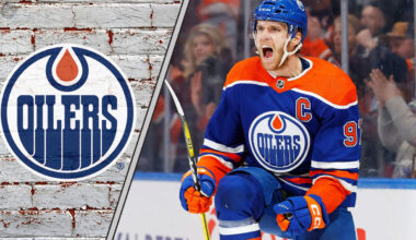 Edmonton Oilers captain Connor McDavid celebrates a goal during an NHL game, with a focus on the ongoing contract rumors surrounding him