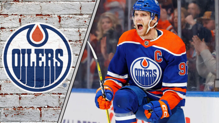 Edmonton Oilers captain Connor McDavid celebrates a goal during an NHL game, with a focus on the ongoing contract rumors surrounding him