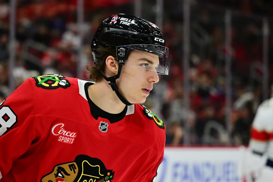Chicago Blackhawks center Connor Bedard (98) looks on during a stoppage of play.Daniel Bartel-Imagn Images