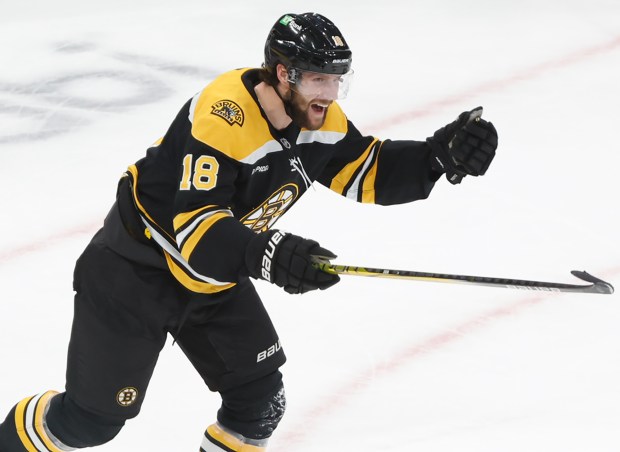 Boston Bruins forward Pavel Zacha celebrates after scoring the game-winning goal against Philadelphia Flyers' during the overtime period on Dec. 7, 2024 at TD Garden. (Photo by Paul Connors/Media News Group/Boston Herald)