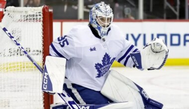Dennis Hildeby of the Toronto Maple Leafs gets in position in the net.