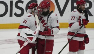 Carolina Hurricanes goaltender Frederik Andersen (31) and defenseman Brent Burns (8) celebrate at the end of the third period in Game 4 of the NHL hockey Stanley Cup Eastern Conference finals against the Florida Panthers, Monday, May 26, 2025, in Sunrise, Fla. (AP Photo/Lynne Sladky)