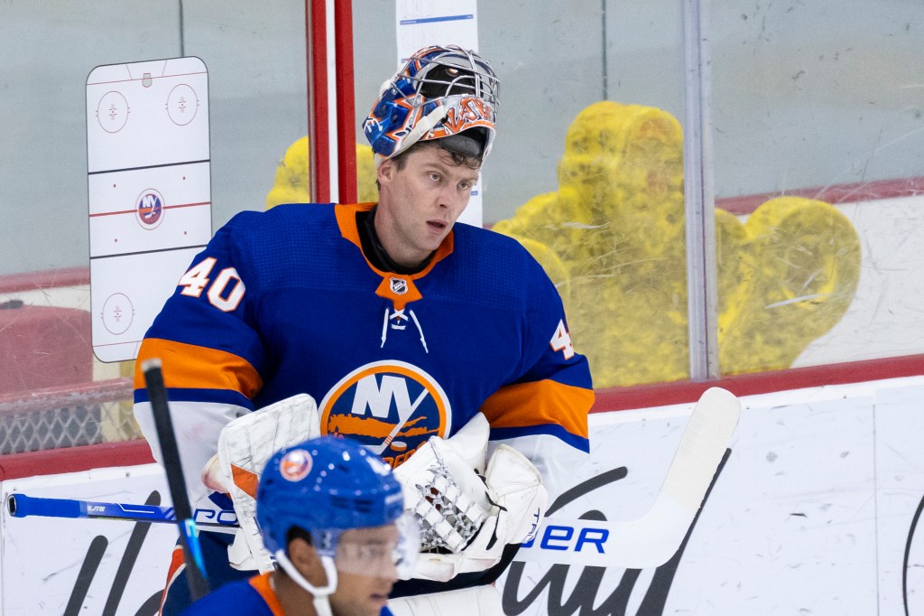 Islanders goaltender Semyon Varlamov (40) looks on during practice at the Northwell Health Ice Center, Thursday, Sept. 19, 2024, in East Meadow, NY.