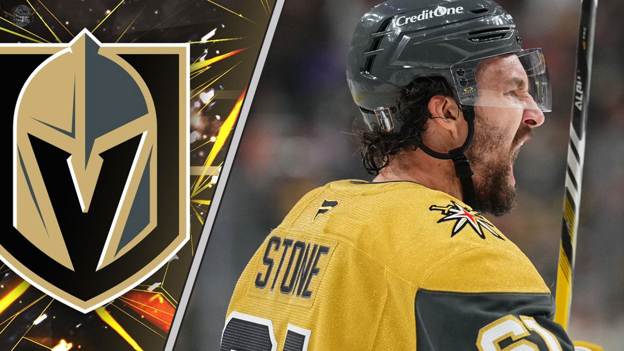 Mark Stone celebrating a goal in a Vegas Golden Knights jersey, focused on his 2025-26 point projections and fantasy hockey outlook with Mitch Marner.