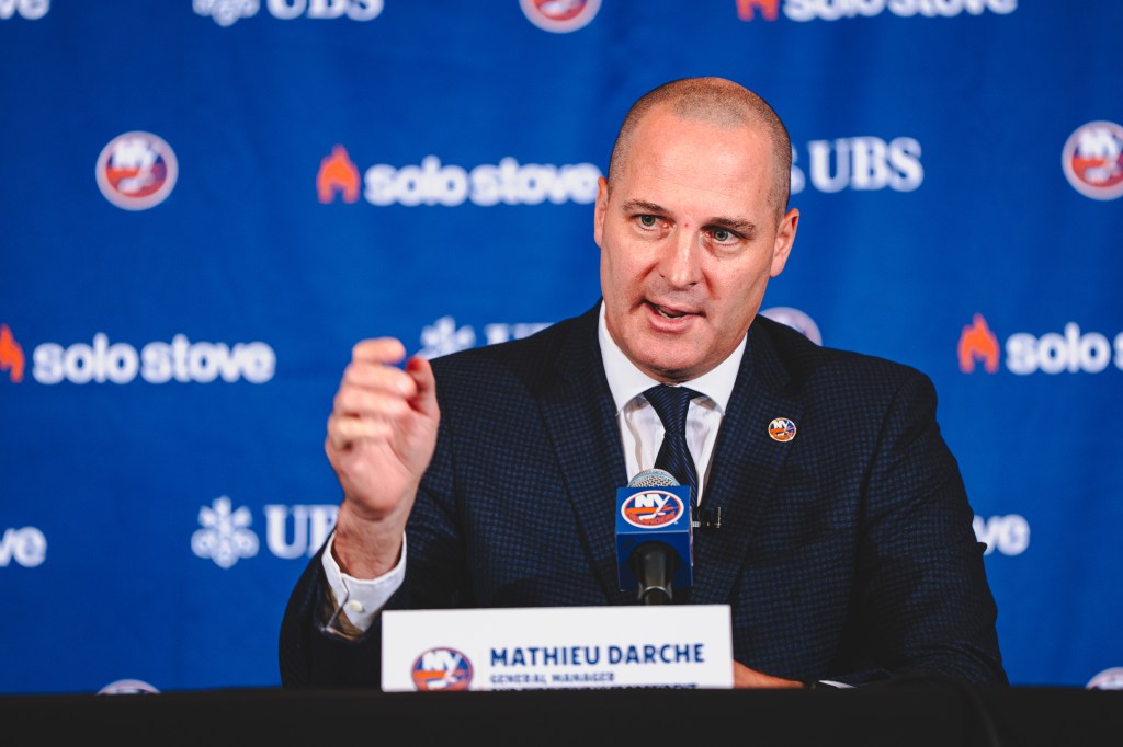 Mathieu Darche, new general manager of the New York Islanders, at a press conference.