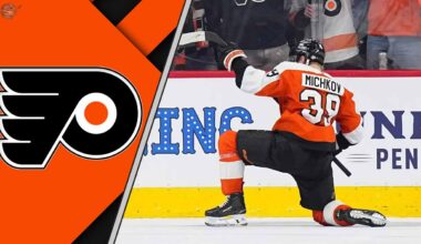 Matvei Michkov in a Philadelphia Flyers jersey, celebrating a goal, symbolizing his projected offensive breakout.