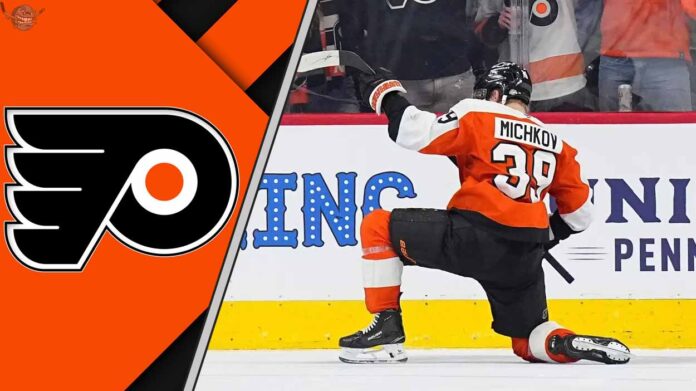 Matvei Michkov in a Philadelphia Flyers jersey, celebrating a goal, symbolizing his projected offensive breakout.