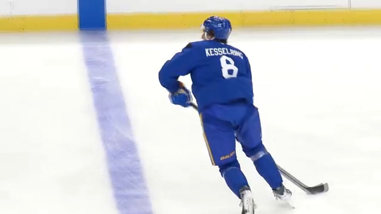 Buffalo Sabres defenseman Michael Kesselring skating at practice. (Spectrum News 1 Photo)