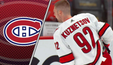 Evgeny Kuznetsov in his Carolina Hurricanes jersey with the Montreal Canadiens logo to the left as NHL trade rumors swirl around him