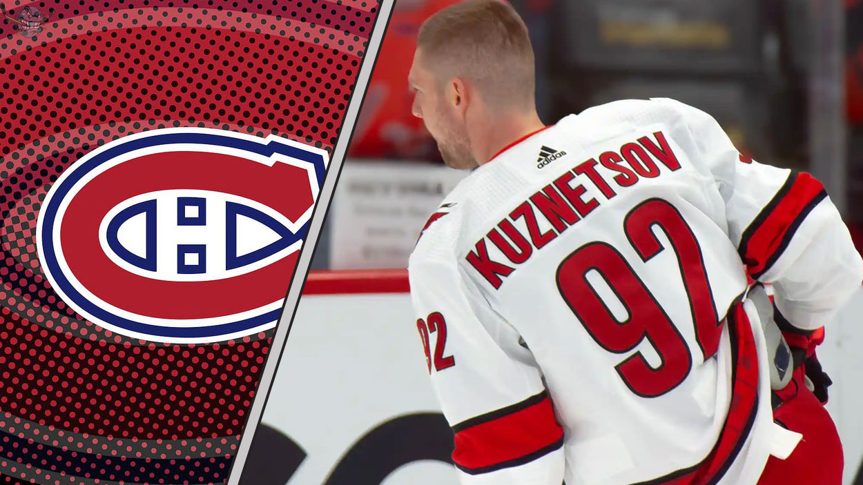 Evgeny Kuznetsov in his Carolina Hurricanes jersey with the Montreal Canadiens logo to the left as NHL trade rumors swirl around him