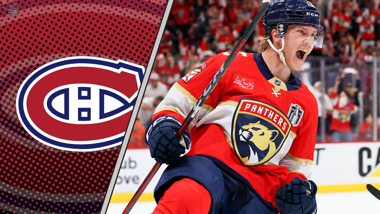 Anton Lundell in his Florida Panthers jersey skating down the ice, a potential trade target for the Montreal Canadiens